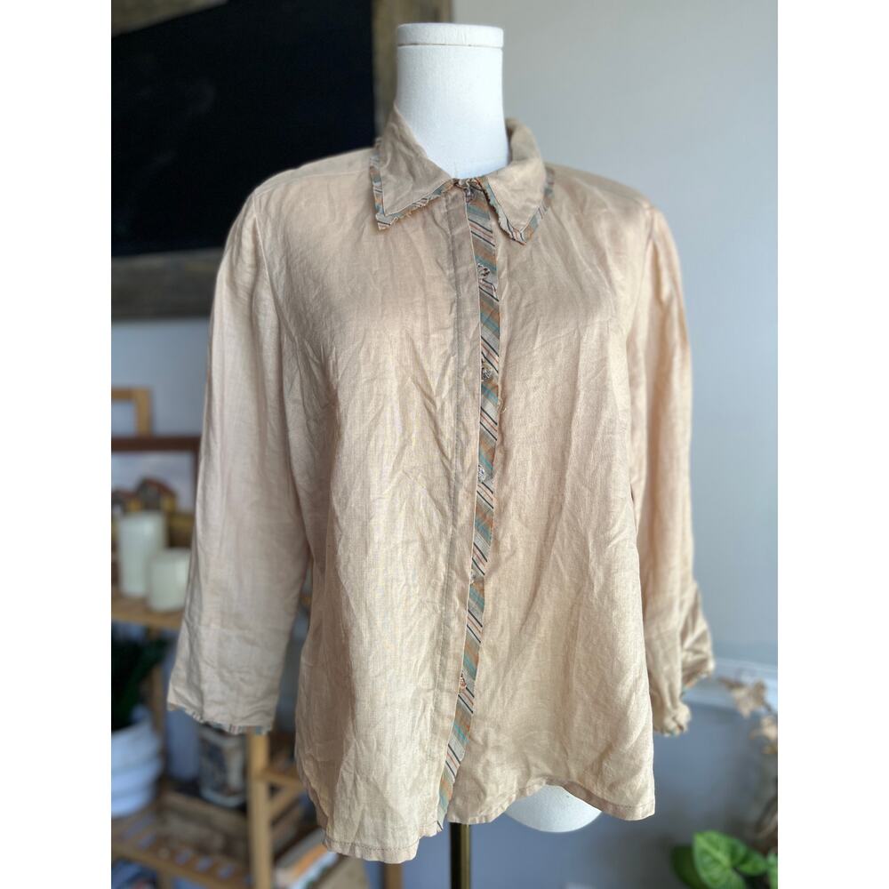 Vintage 90s Tan Lagenlook Blouse Button Front Tan Striped Hem Size Large